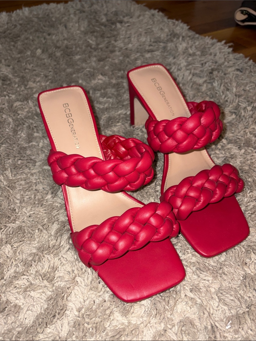 BCBGeneration Red Braided Double-Strap Heeled Mules